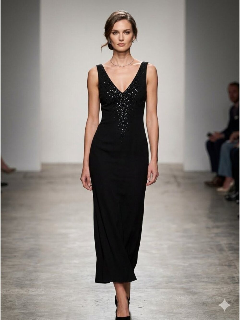 JNY Black Sleeveless Beaded Evening Maxi Dress Size 8 Sequin Cocktail LBD Formal